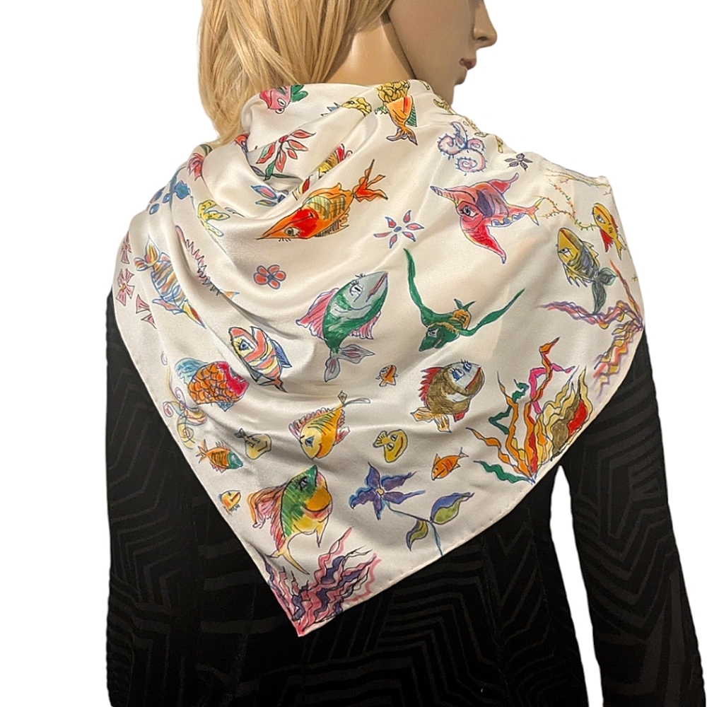 Hand painted signed silk/Satin scarf tropical fish one of a kind Original Spring - Picture 3 of 16
